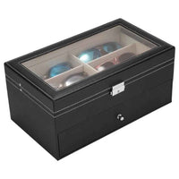 12 Slot Leather Glasses Organizer - Lockable Sunglass Display Case & Storage Drawer, Black