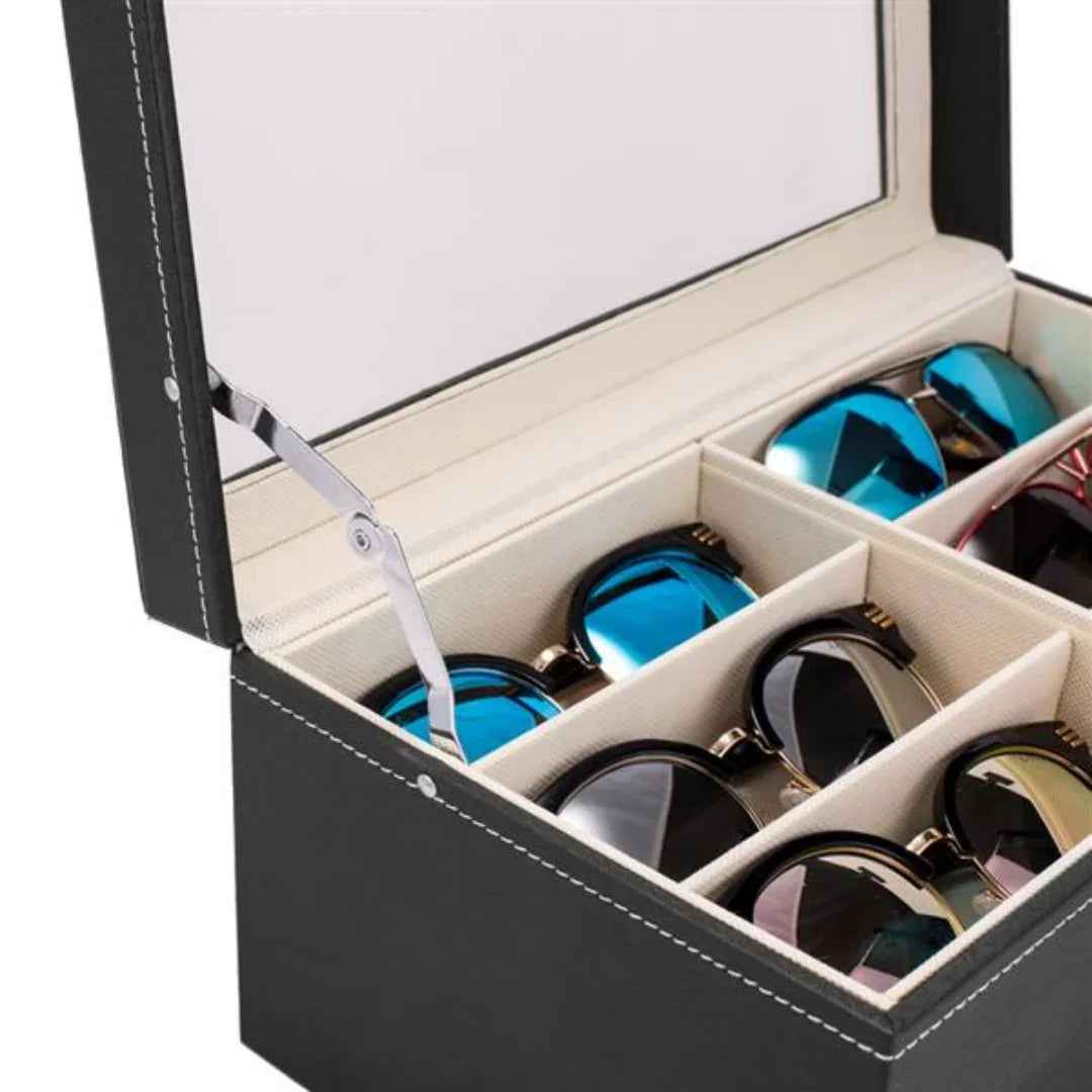 12 Slot Leather Glasses Organizer - Lockable Sunglass Display Case & Storage Drawer, Black