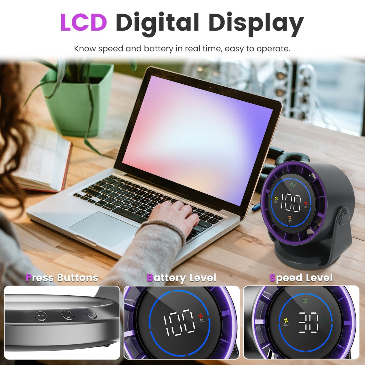 Rechargeable desk fan speed settings