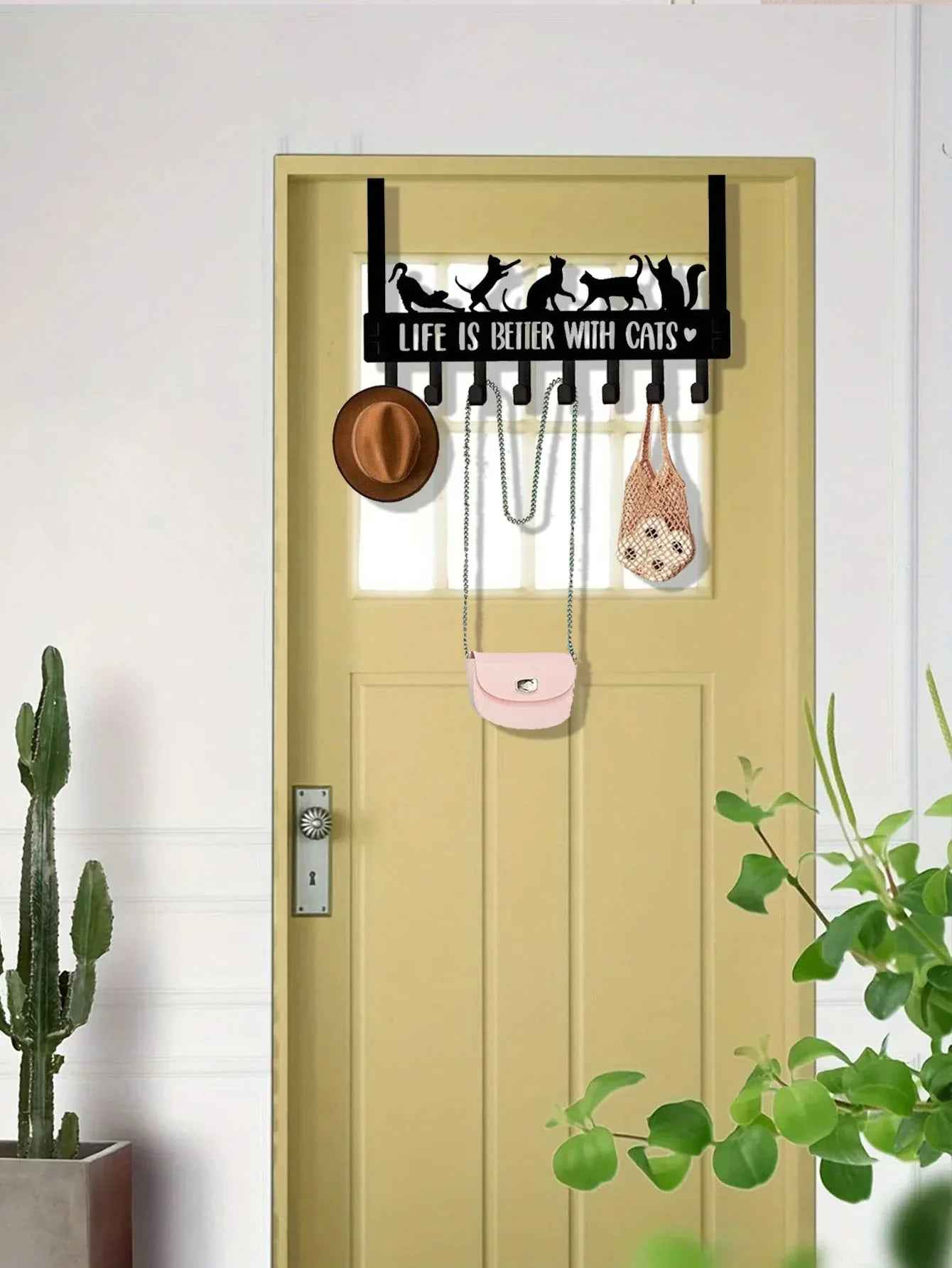 Over-The-Door Cat Organizer – 8 Multi-Purpose Hooks for Coats, Bags & Towels – Space-Saving Wall & Door Mount Storage