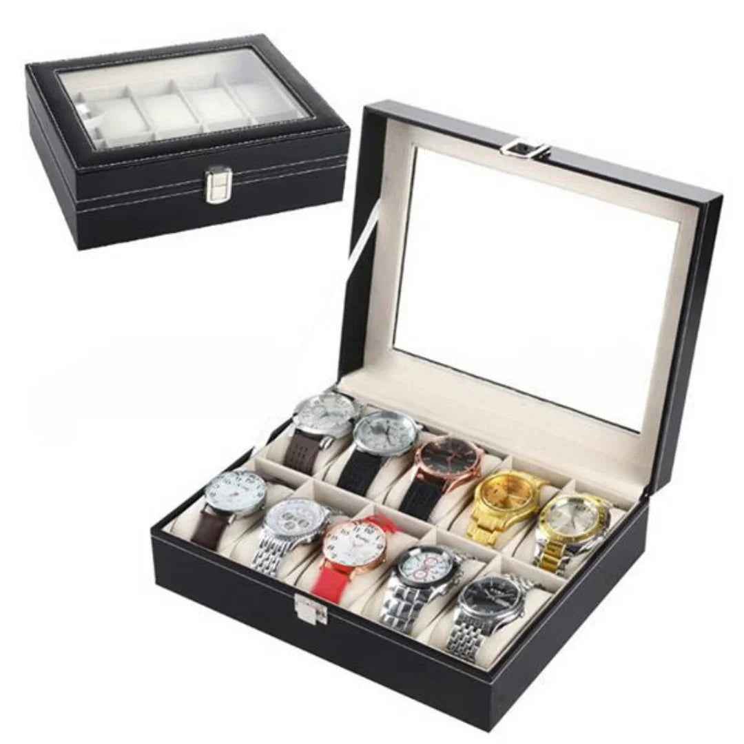 10 Slot Leather Watch Box Organizer - Luxury Display Case with Glass Lid & Locking Clasp