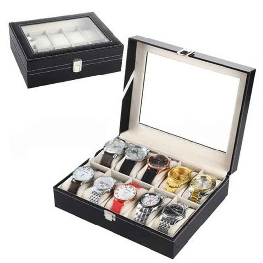 10 Slot Leather Watch Box Organizer - Luxury Display Case with Glass Lid & Locking Clasp