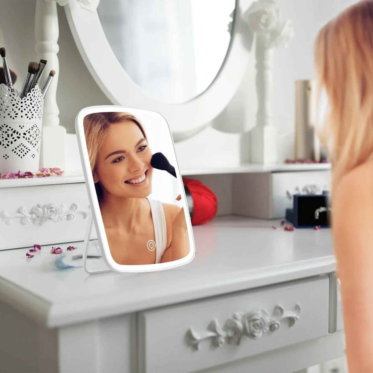 Vanity Mirror with 40 LED Lights – 3 Modes, Rechargeable, Foldable Desk Mirror