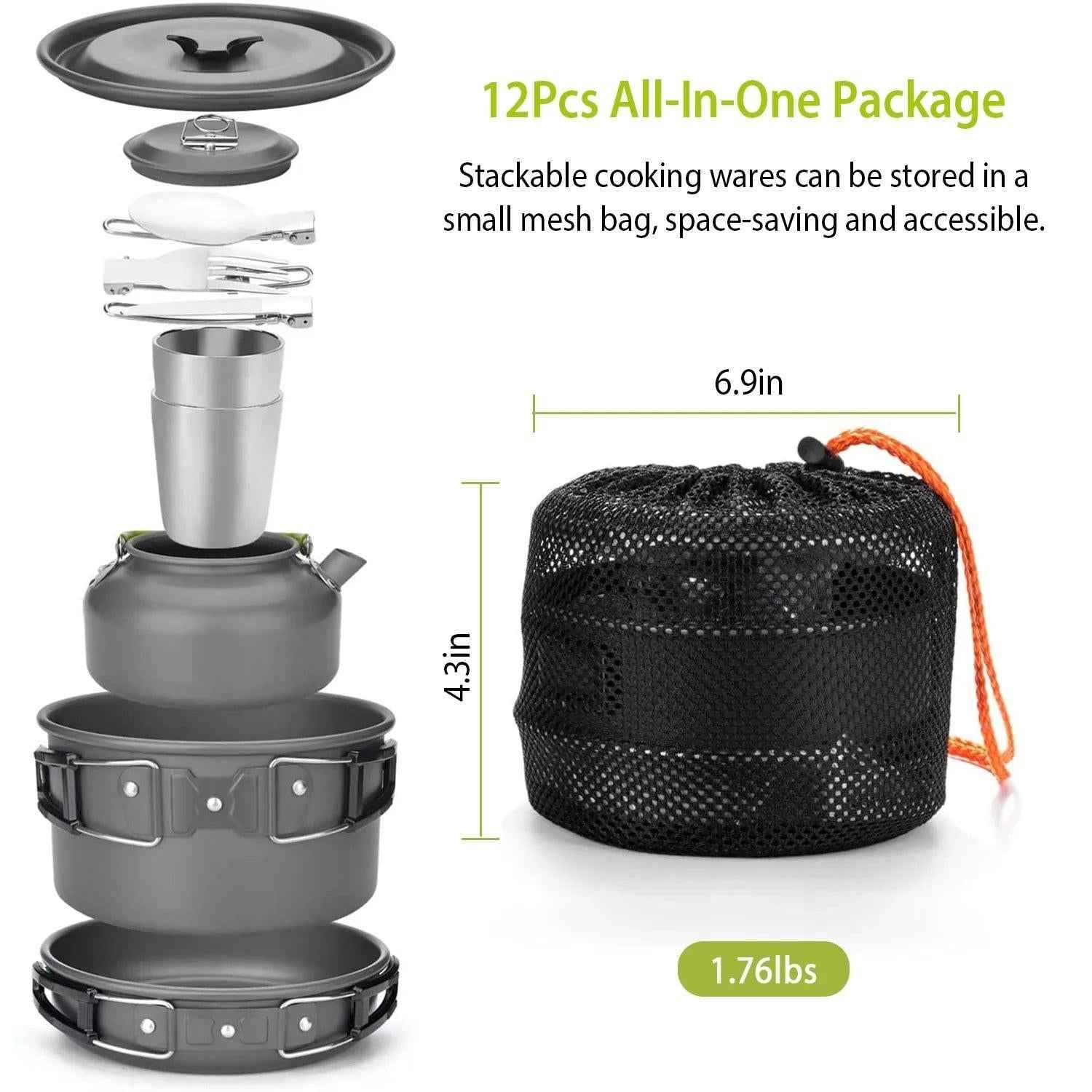 Ultimate 12-Piece Adventure Cookset: Compact Pot, Pan, & Kettle for 2-3 People