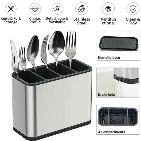 Stainless Steel Cutlery Holder | 4-Compartment Kitchen Utensil Organizer | Easy to Clean